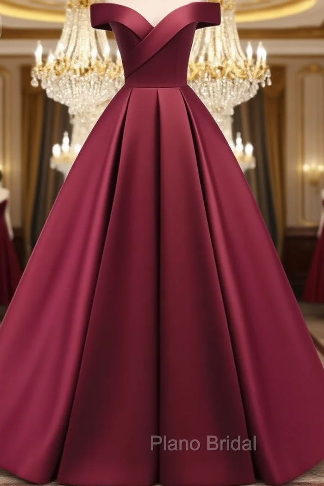 Burgundy Simple A-line Floor Length Satin Off Shoulder Party Dresses, Long Evening Dresses Main image