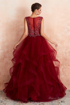 Burgundy Sleeveless Aline Puffy Tulle Prom Dresses with Sequins