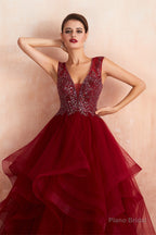 Burgundy Sleeveless Aline Puffy Tulle Prom Dresses with Sequins