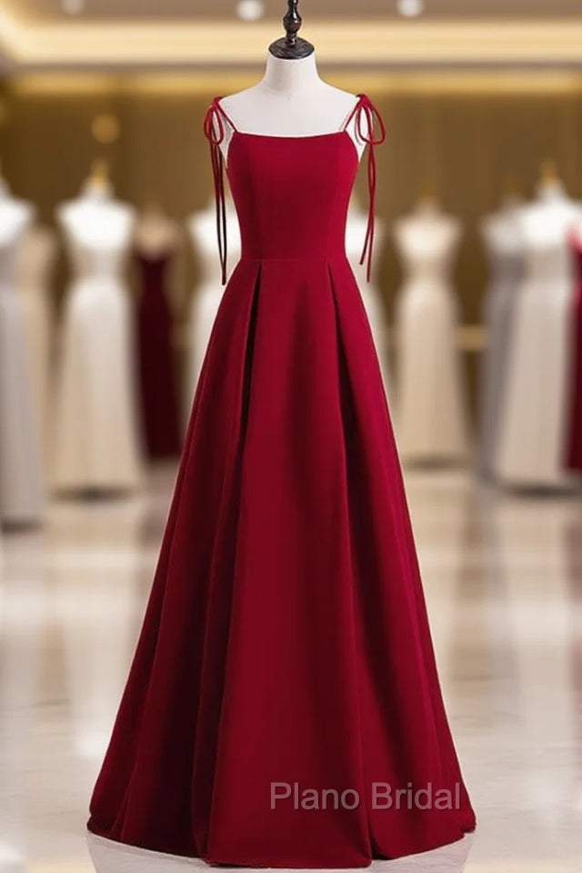 Burgundy Spaghetti Straps Backless Formal Prom Dresses