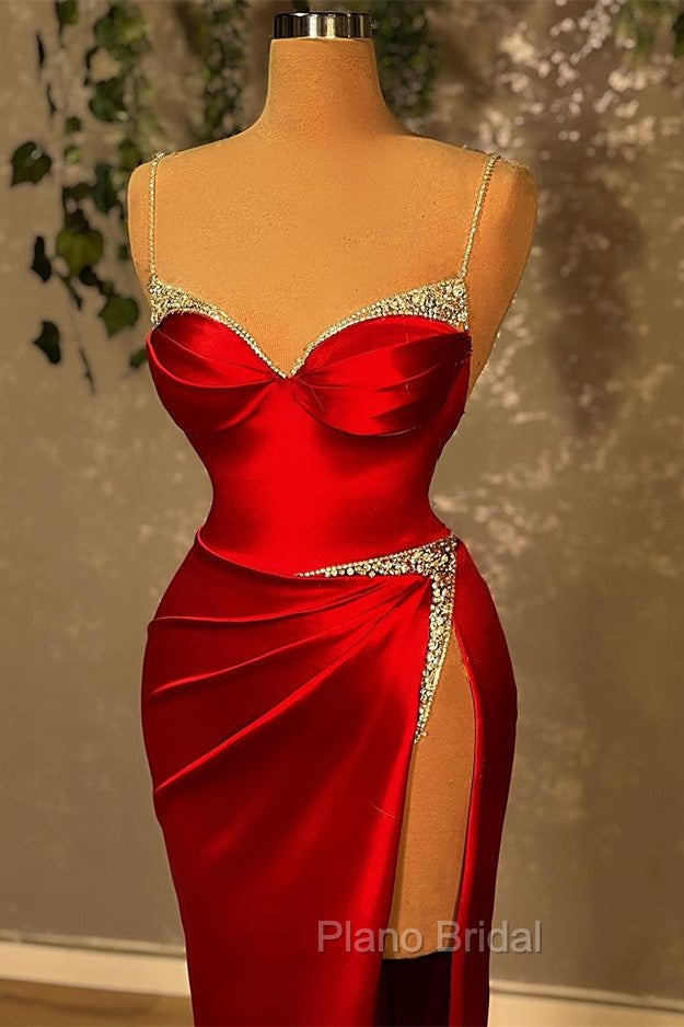 Burgundy Spaghetti-Straps Mermaid Evening Dresses Sleeveless With Slit Beads