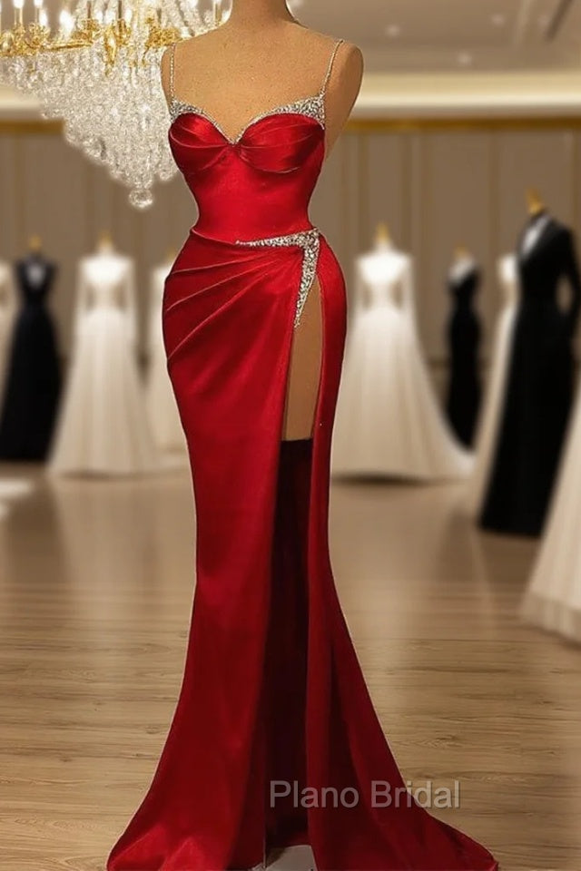 Burgundy Spaghetti-Straps Mermaid Evening Dresses Sleeveless With Slit Beads Main image