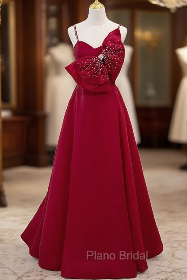 Burgundy Spaghetti Straps Pearls Bow Formal Prom Dresses Main image