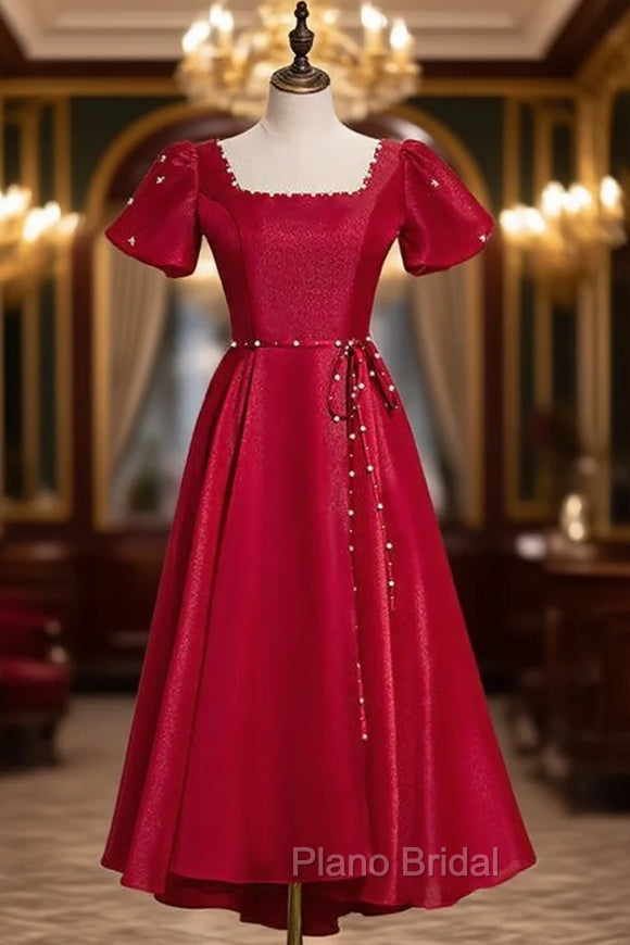 Burgundy Square Puff Sleeve Backless Pearls Formal Prom Dres