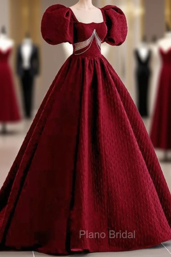 Burgundy Square Puff Sleeve Backless Formal Prom Dresses Main image