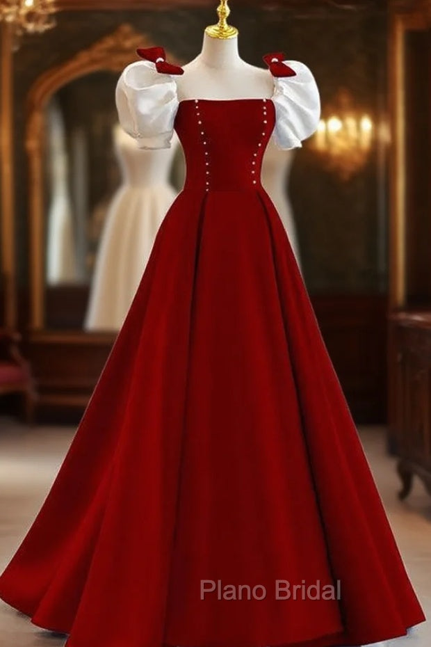 Burgundy Square Puff Sleeve Bow Formal Prom Dresses Main image
