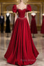 Burgundy Square Puff Sleeve Pearls Formal Prom Dresses