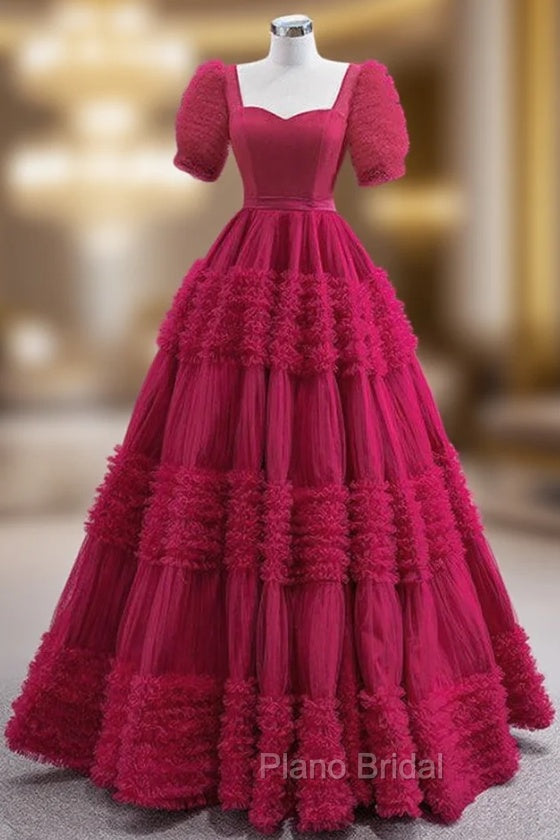 Burgundy Square Puff Sleeve Formal Prom Dresses Main image