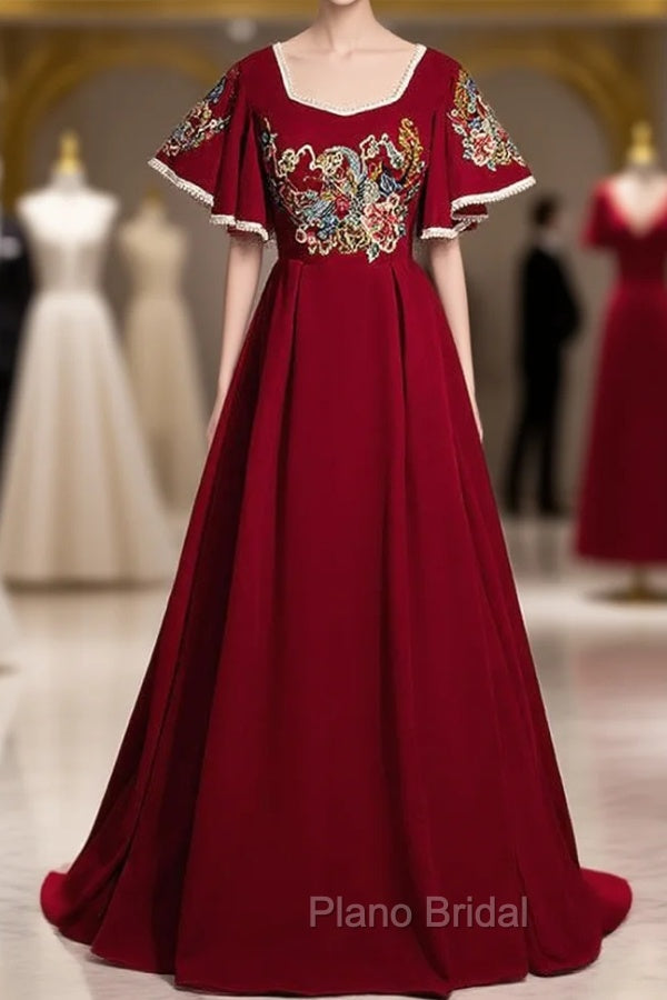 Burgundy Square Short Sleeve Embroidery Appliques Formal Prom Dresses Main image