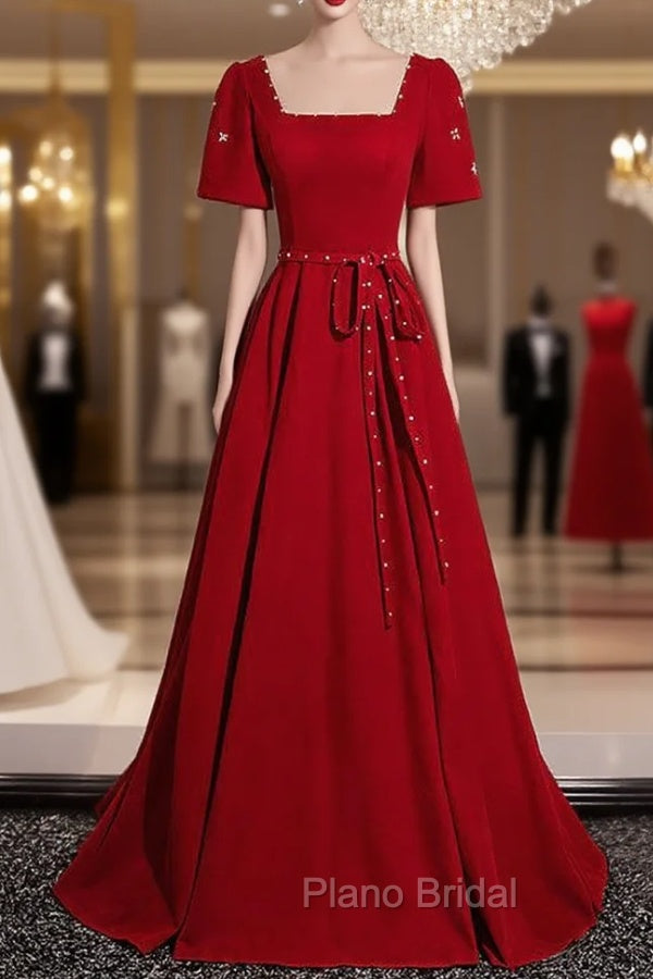 Burgundy Square Short Sleeve Pearls Formal Prom Dresses Main image