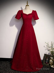 Burgundy Square Square Puff Sleeve Button Prom Dress