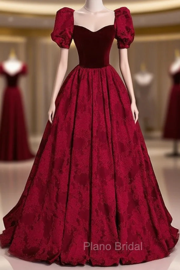 Burgundy Square Square Puff Sleeve Formal Prom Dresses Main image