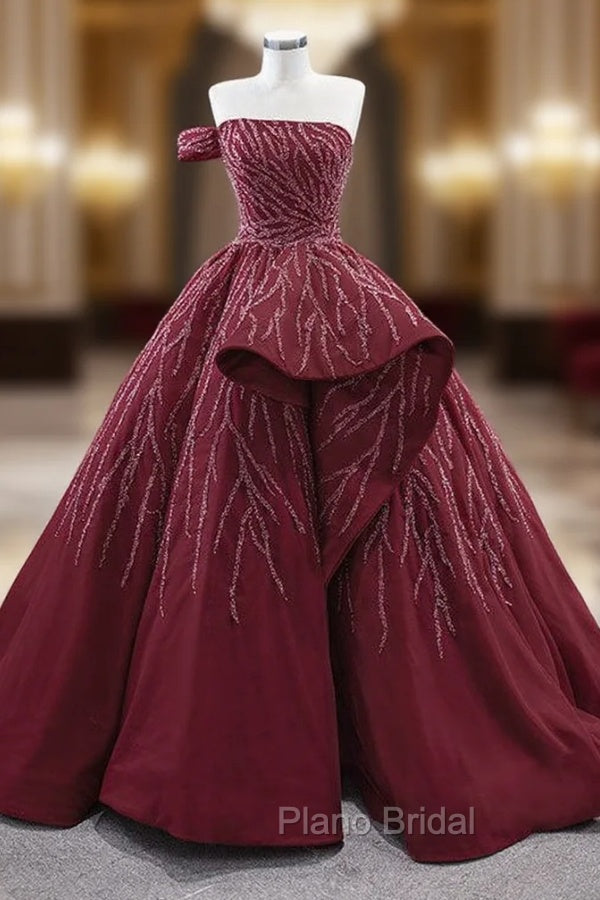 Burgundy Strapless Beading Formal Prom Dresses