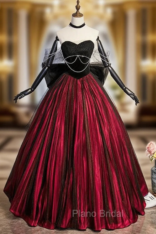 Burgundy Strapless Black Tulle Bow Formal Prom Dresses Main image