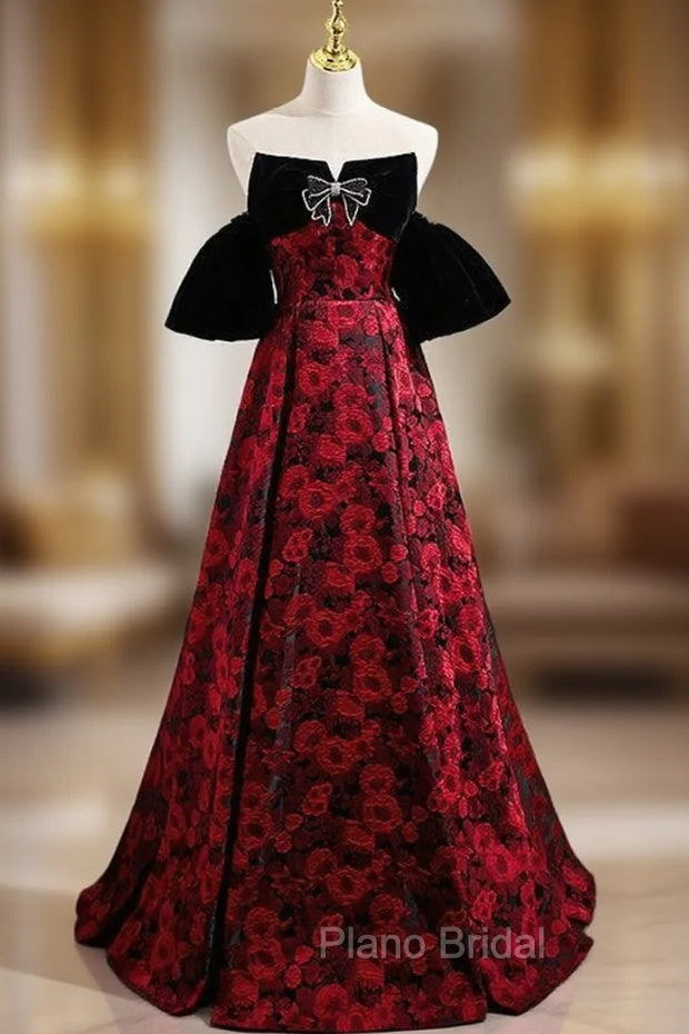 Burgundy Strapless Black Velvet Formal Prom Dresses