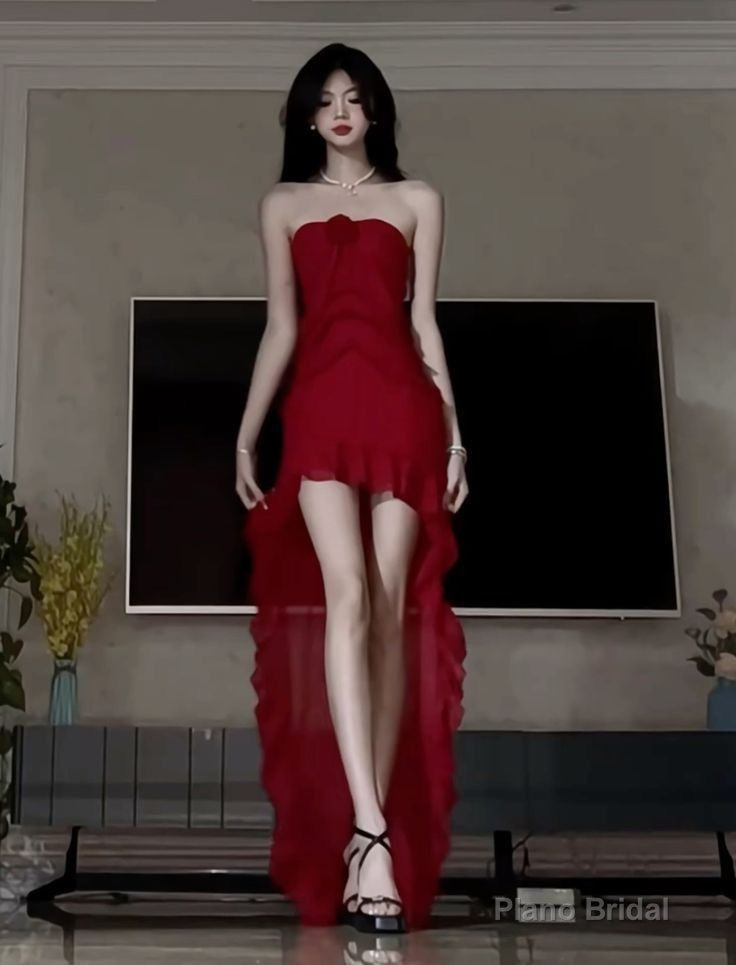 Burgundy Strapless High Low Prom Dresses, Formal Evening Dresses Main image