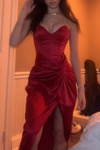 Burgundy Strapless Long Formal Prom Dresses Formal Evening Dresses With Slit
