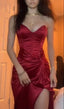 Burgundy Strapless Long Formal Prom Dresses Formal Evening Dresses With Slit