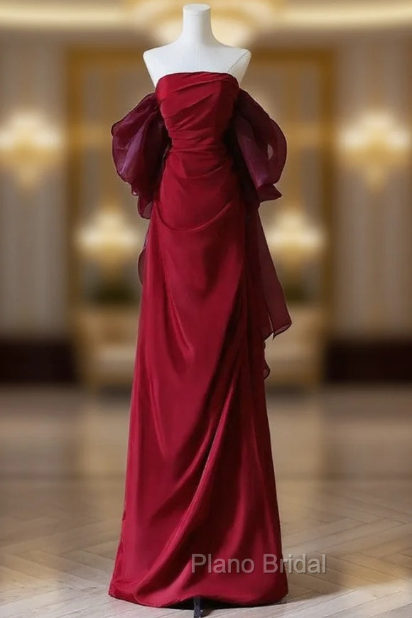 Burgundy Strapless Pleats Formal Prom Dresses