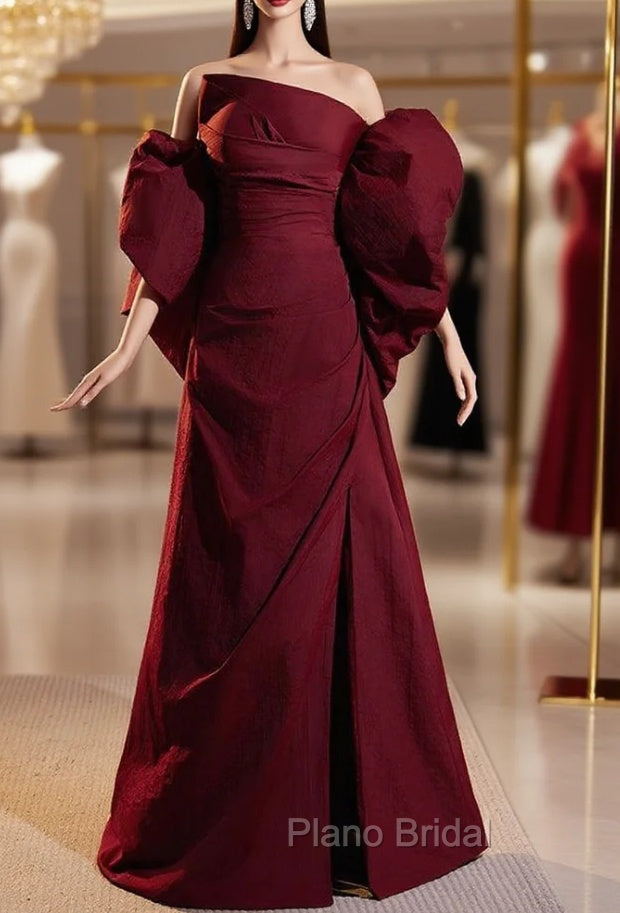 Burgundy Strapless Pleats Split Formal Prom Dresses