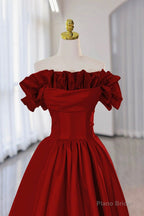 Burgundy Strapless Satin Long Prom Dress, A-Line Evening Party Dress