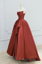 Burgundy Strapless Satin Long Formal Prom Dresses, Beautiful A-Line Formal Party Dresses