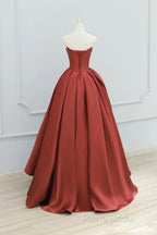 Burgundy Strapless Satin Long Formal Prom Dresses, Beautiful A-Line Formal Party Dresses