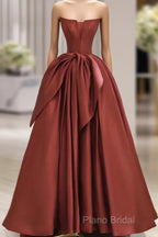 Burgundy Strapless Satin Long Formal Prom Dresses, Beautiful A-Line Formal Party Dresses