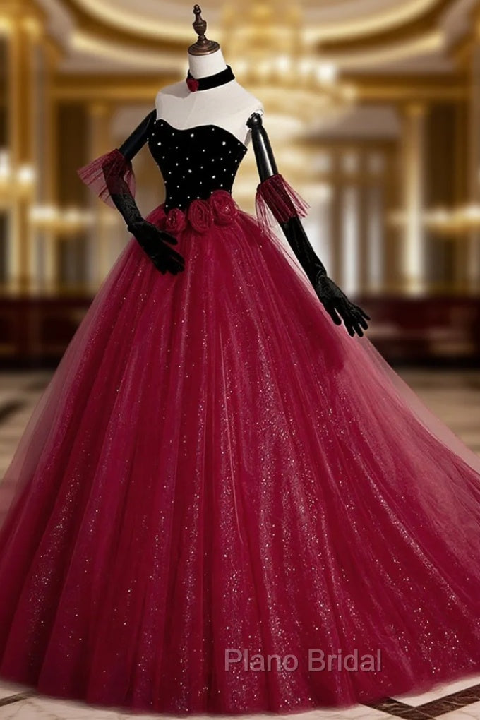 Burgundy Strapless Tulle Long Formal Prom Dresses, A-Line Evening Party Dresses Main image
