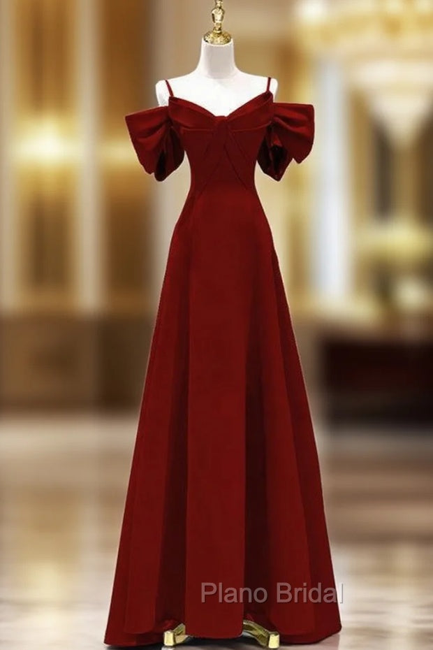 Burgundy Straps Bow Formal Prom Dresses