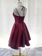 Burgundy Straps V-neckline Short Party Dresses , Lovely Satin Homecoming Dresses