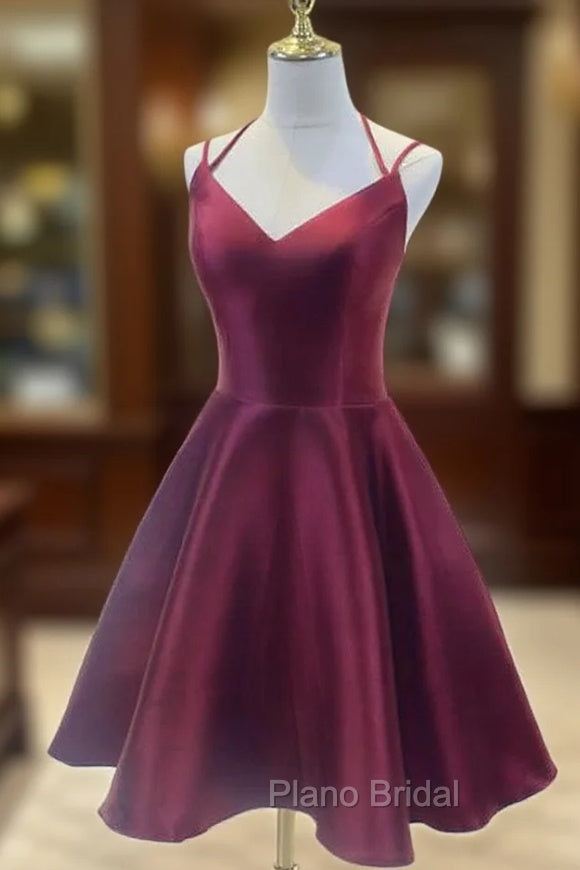 Burgundy Straps V-neckline Short Party Dresses , Lovely Satin Homecoming Dresses Main image