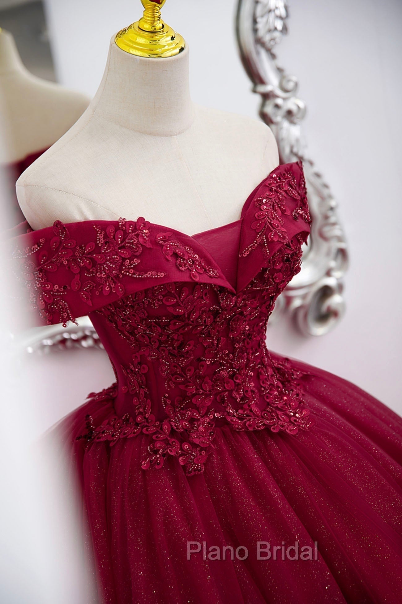 Burgundy Sweet 16 Formal Gown with Lace, Off the Shoulder Formal Prom Dresses Party Dresses Secondary image