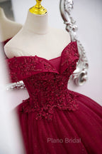 Burgundy Sweet 16 Formal Gown with Lace, Off the Shoulder Formal Prom Dresses Party Dresses