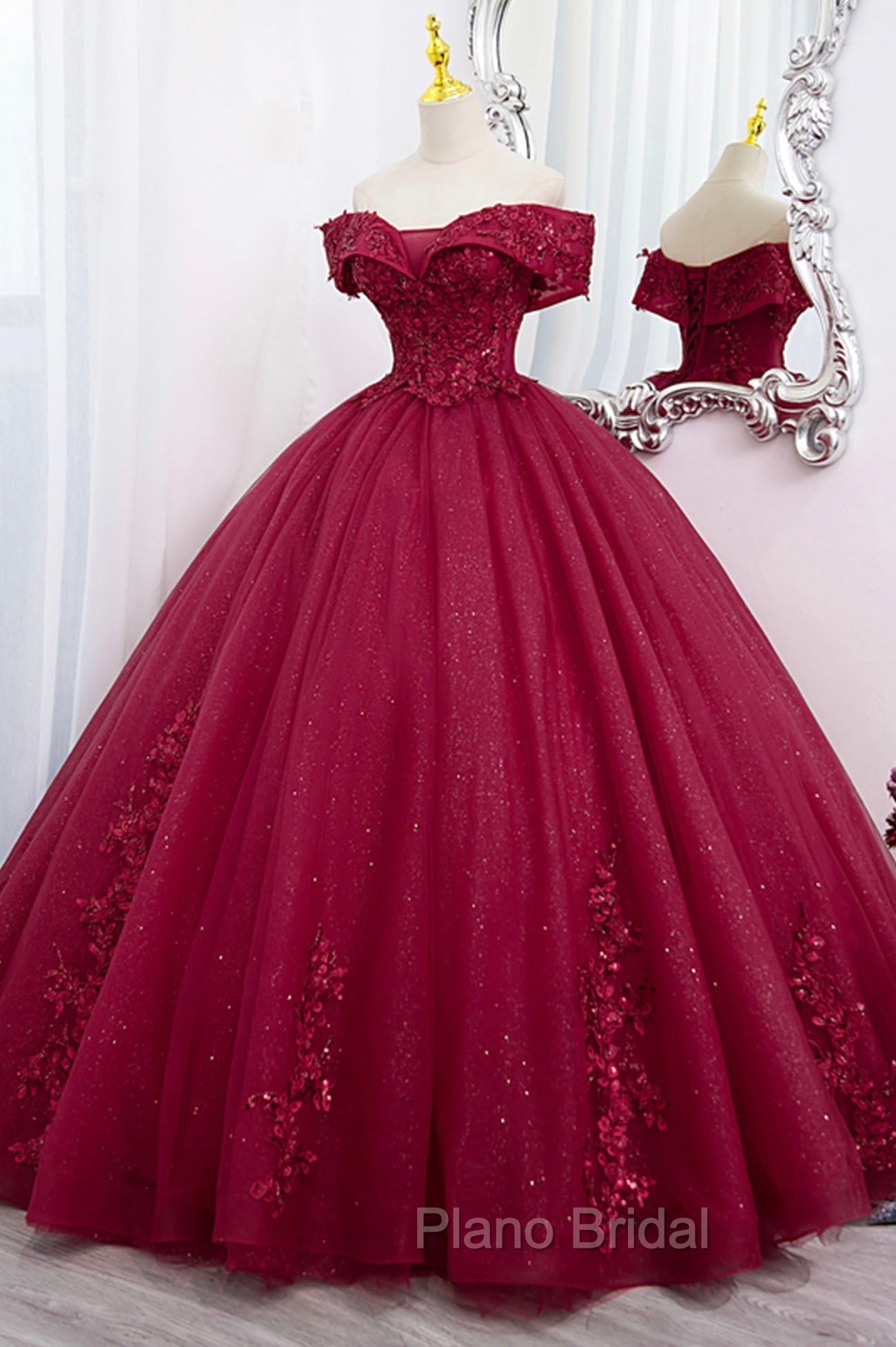 Burgundy Sweet 16 Formal Gown with Lace, Off the Shoulder Formal Prom Dresses Party Dresses