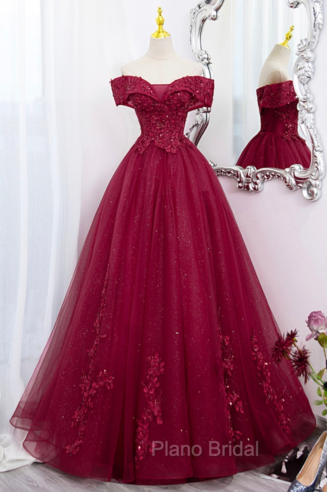 Burgundy Sweet 16 Formal Gown with Lace, Off the Shoulder Formal Prom Dresses Party Dresses Main image