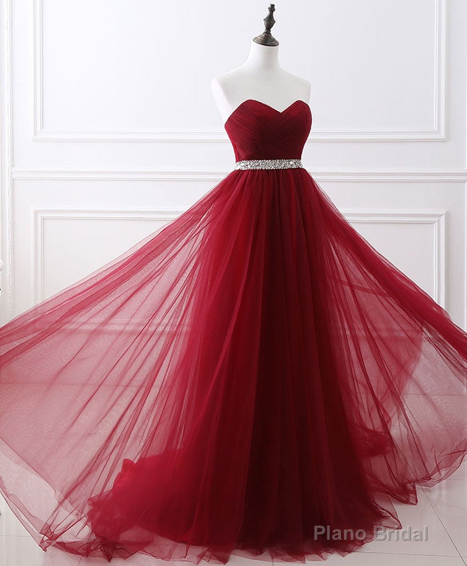 Burgundy Sweet Neck Tulle Long Prom Gown, Burgundy Evening Dress Main image