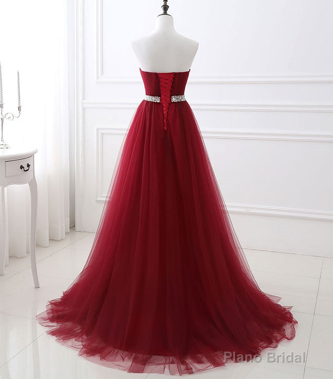 Burgundy Sweet Neck Tulle Long Prom Gown, Burgundy Evening Dress