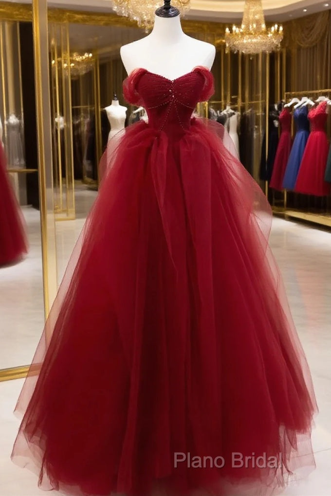 Burgundy Sweetheart Ball Gown Tulle With Beaded Formal Prom Dresses, Burgundy Party Dresses