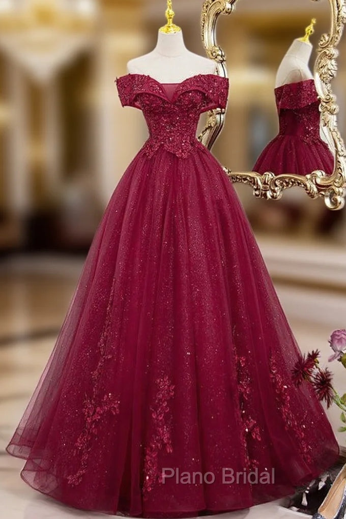 Burgundy Sweetheart Flowers Sequins Lace Party Dresses, Long Formal Dresses Formal Prom Dresses