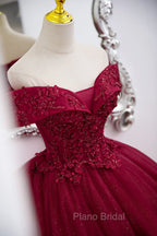 Burgundy Sweetheart Flowers Sequins Lace Party Dresses, Long Formal Dresses Formal Prom Dresses