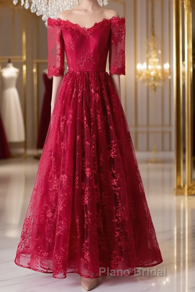 Burgundy sweetheart lace long Formal Prom dress, burgundy evening dress Main image