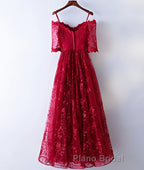 Burgundy sweetheart lace long Formal Prom dress, burgundy evening dress