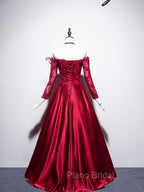 Burgundy Sweetheart Lace Satin Long Formal Prom Dresses Burgundy Evening Dresses