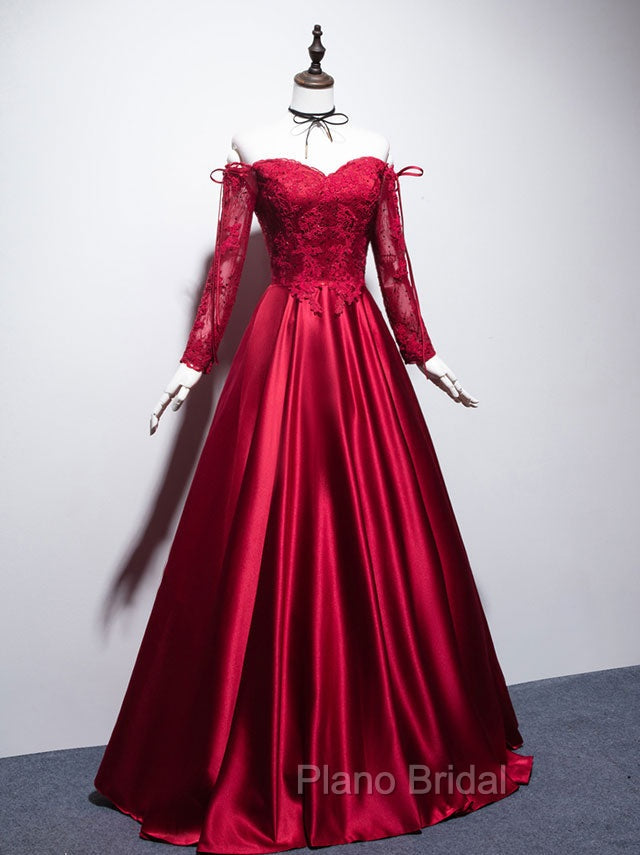 Burgundy Sweetheart Lace Satin Long Formal Prom Dresses Burgundy Evening Dresses