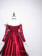 Burgundy Sweetheart Lace Satin Long Formal Prom Dresses Burgundy Evening Dresses