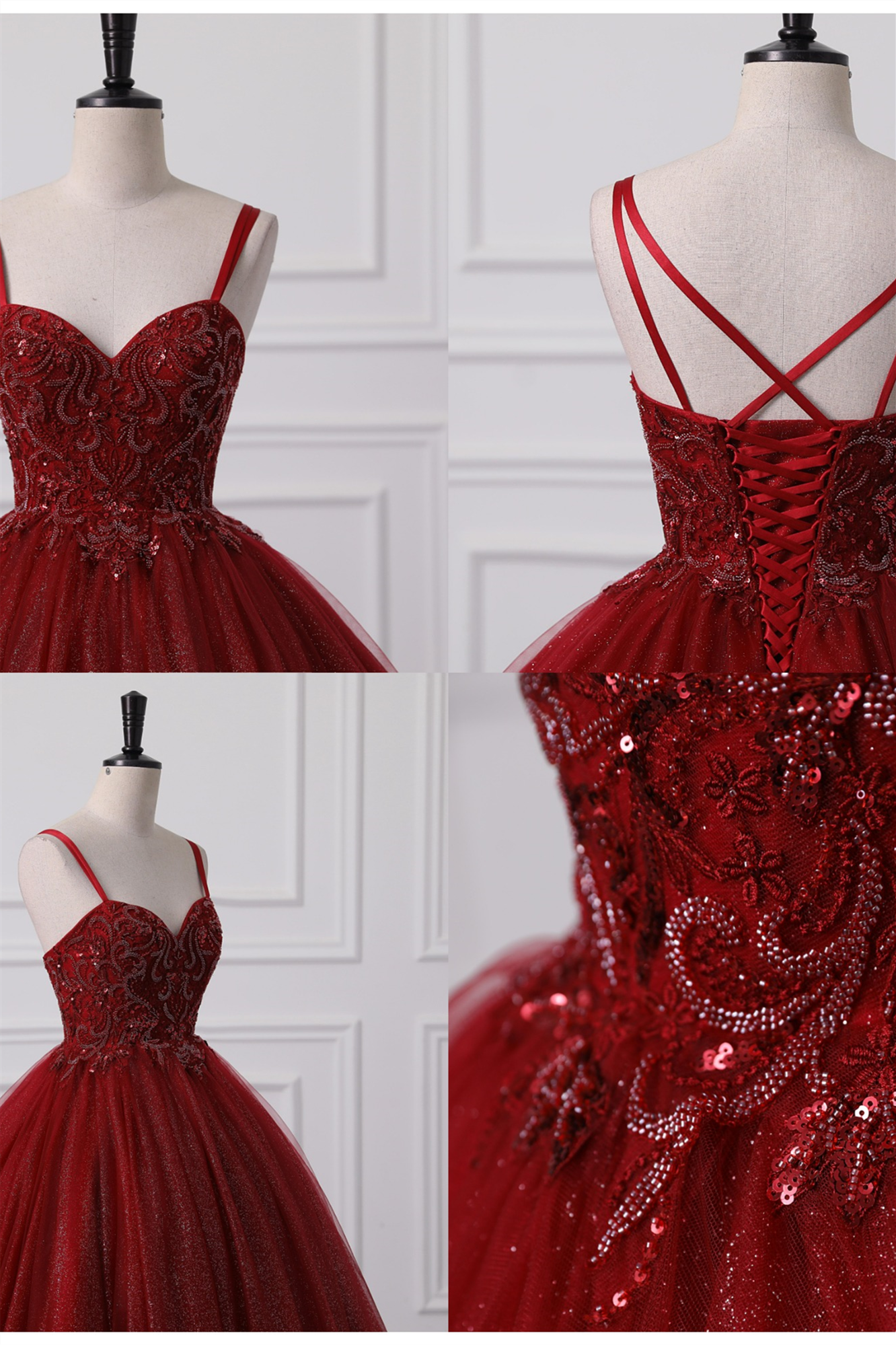 Burgundy Sweetheart Lace-Up Criss Cross Straps Ball Gown Evening Dress