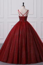 Burgundy Sweetheart Lace-Up Criss Cross Straps Ball Gown Evening Dress