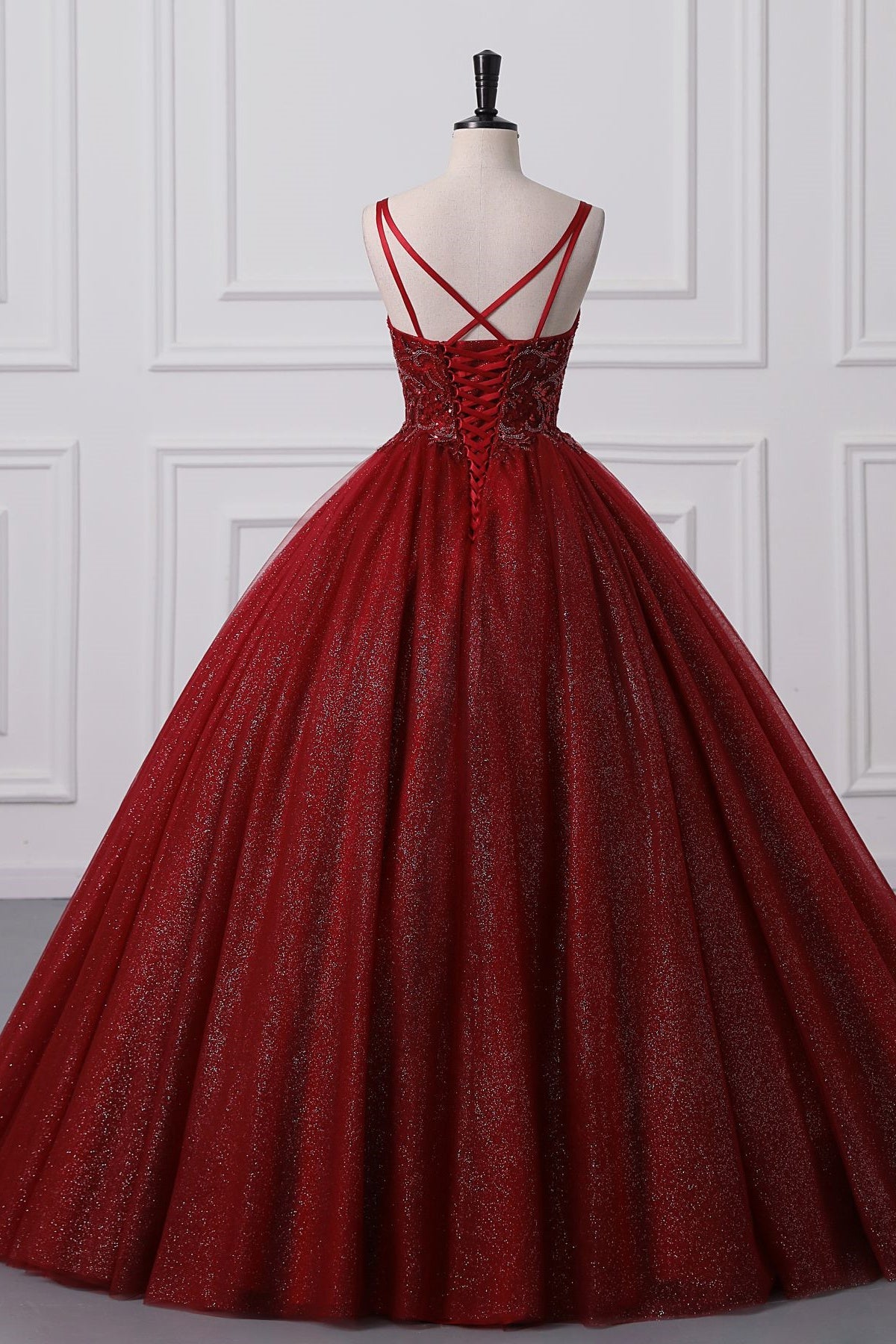 Burgundy Sweetheart Lace-Up Criss Cross Straps Ball Gown Evening Dress