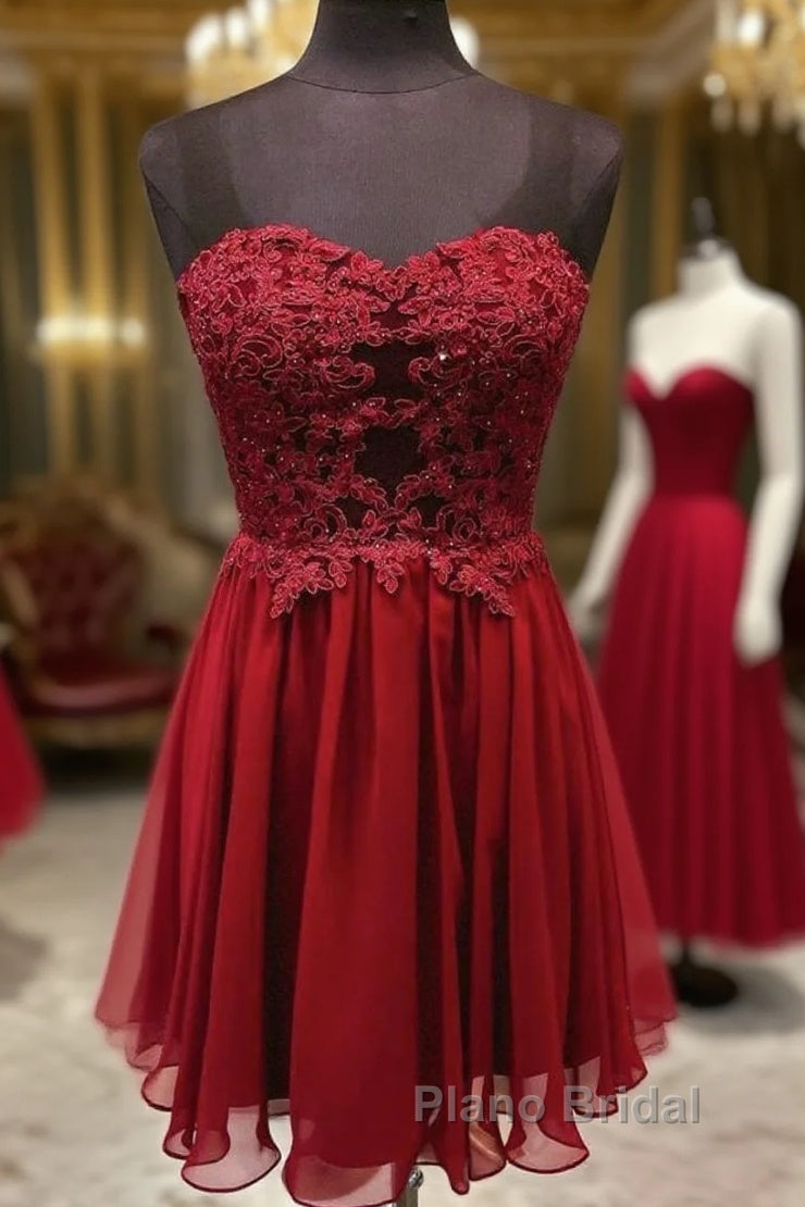 Burgundy Sweetheart Neck Chiffon Lace Short Homecoming Dresses     Nv13